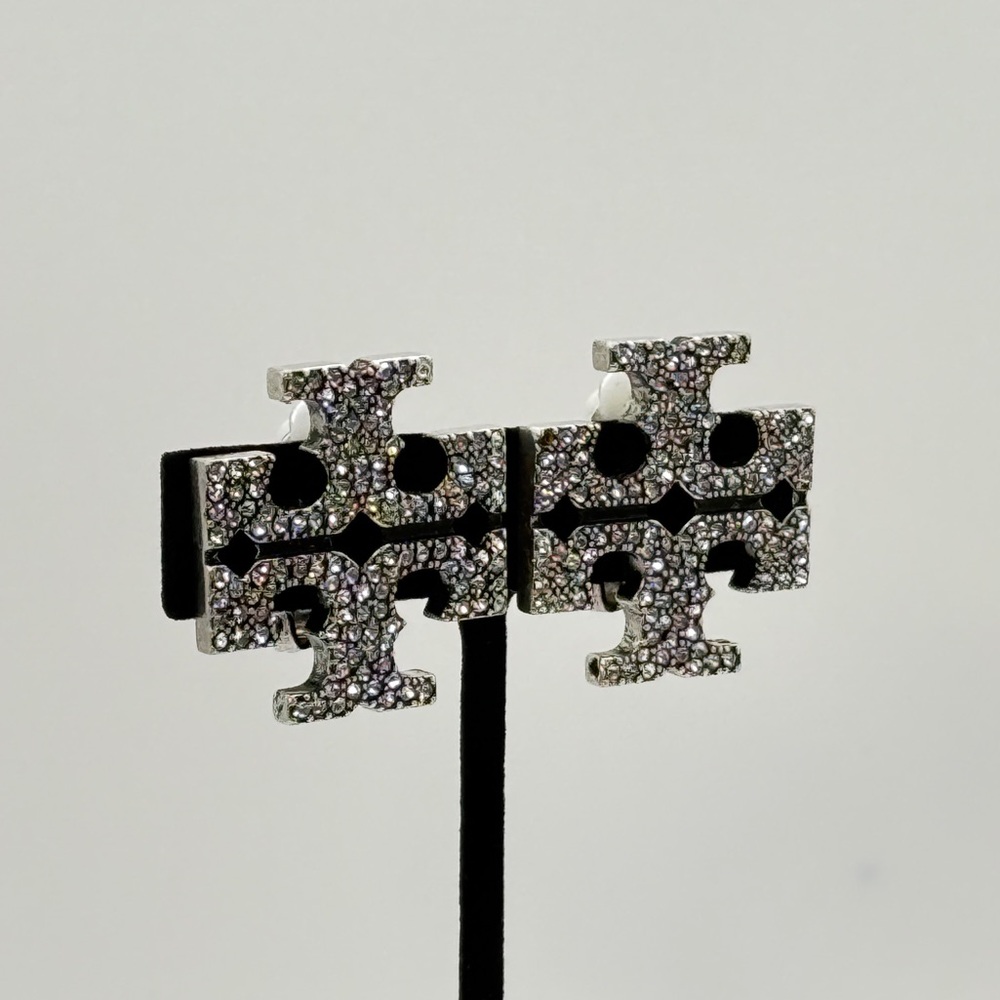 Tory Burch Silver T Logo Large  Crystal Clip-On Earrings - Picture 2 of 5